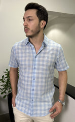 Camisa Mangas Curtas Xadrez Azul Claro