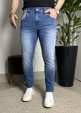 Calça Jeans Masculina Skinny Azul Médio Estonada