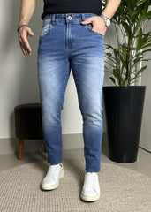 Calça Jeans Masculina Skinny Azul Médio Estonada
