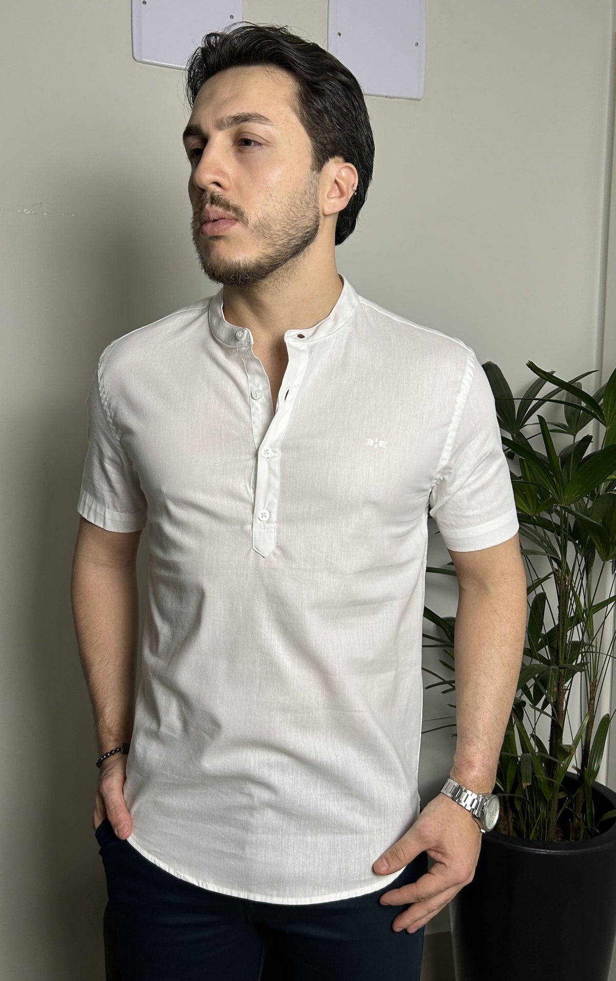 Camisa Bata Masculina Slim com Linho – Manga Curta