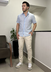 Camisa Mangas Curtas Xadrez Azul Claro