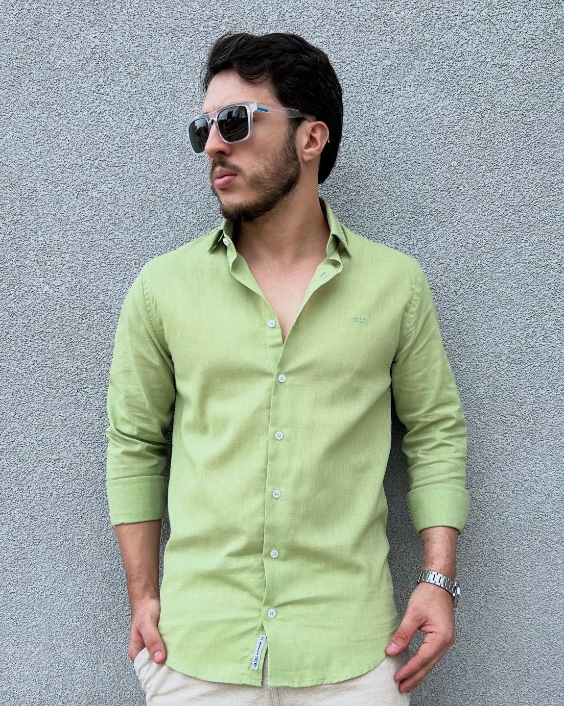 Camisa Masculina Slim em Algodão com Linho